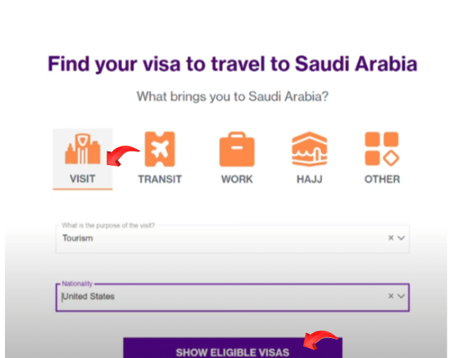 A screenshot of website of Saudi Arabia Official Visa Portal