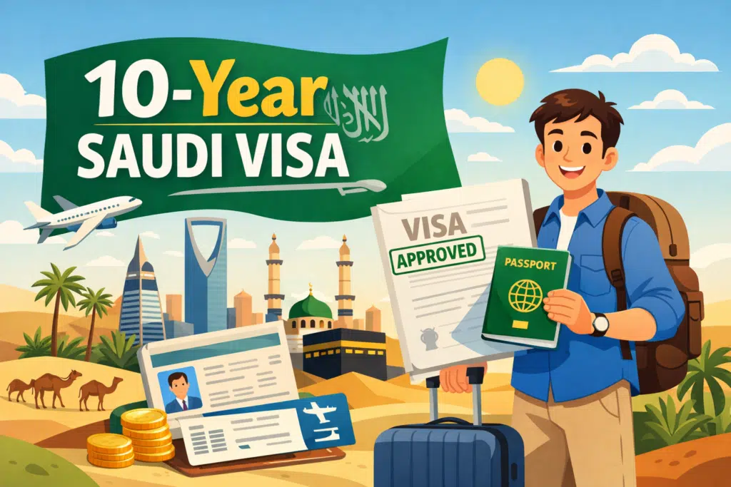 Illustration of an animated traveler holding a passport and approved document with “10-Year Saudi Visa” text, Saudi landmarks, and travel elements in the background.