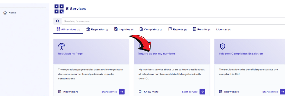 Check SIMs on Iqama via CST e-services inquire about my numbers option