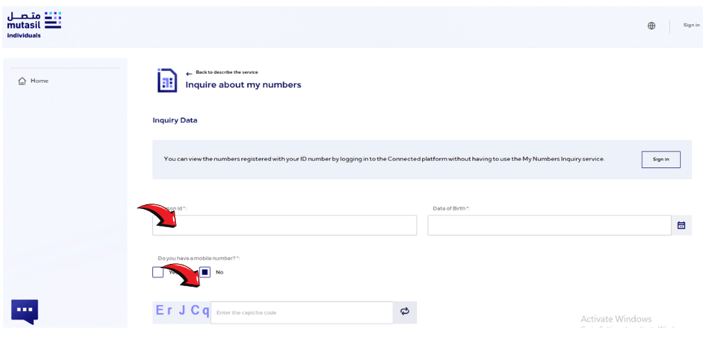 Check SIMs on Iqama Mutasil portal inquiry form for mobile numbers linked to ID