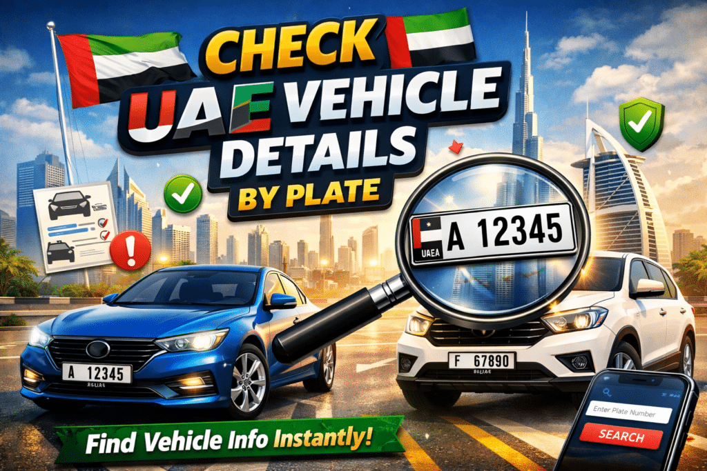 Check UAE vehicle details by plate number using online search with car, license plate, and Dubai skyline