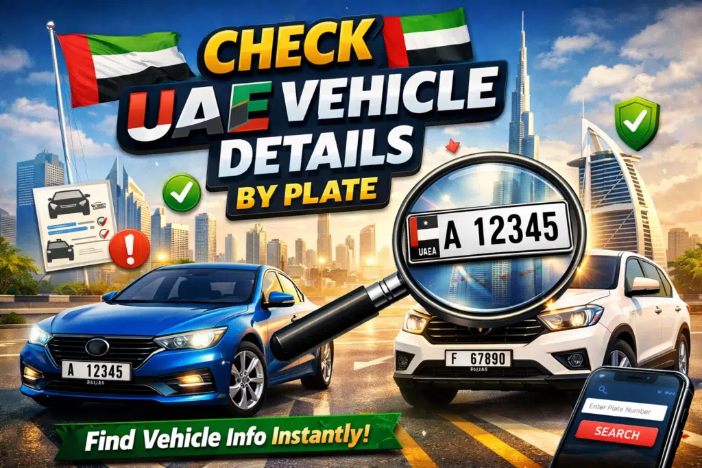 Check UAE vehicle details by plate number using online search with car, license plate, and Dubai skyline