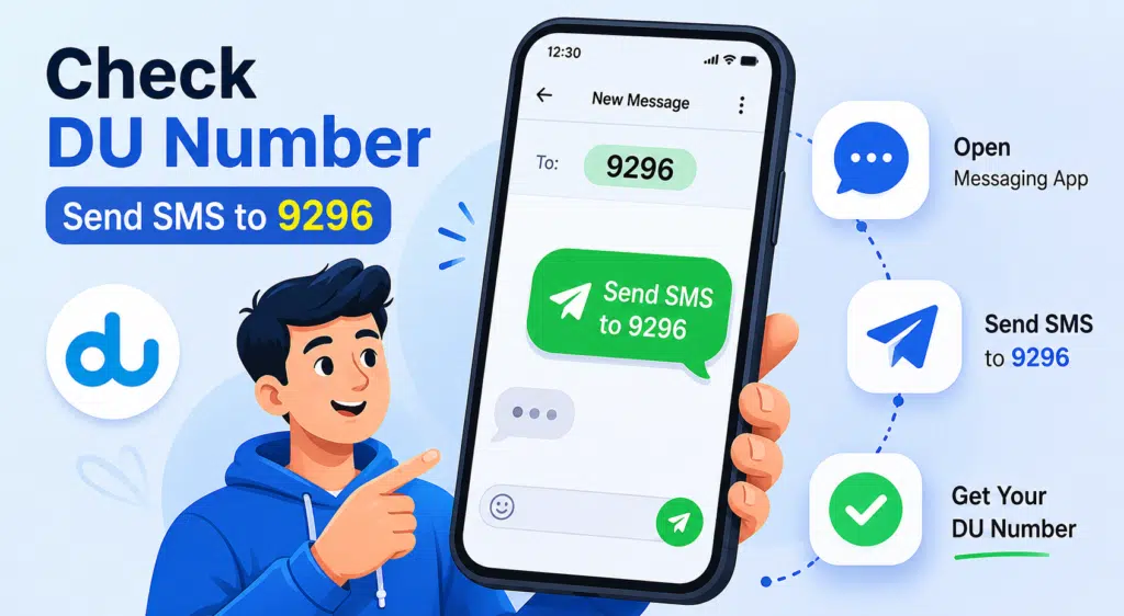 Animated guide showing how to check DU number in UAE by sending SMS to 9296 using a mobile messaging app