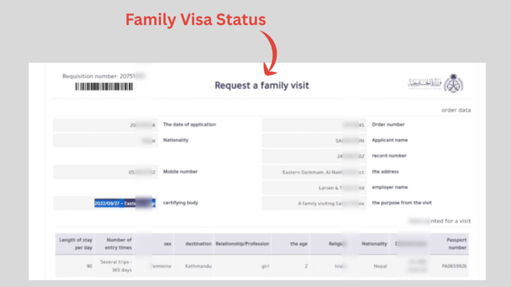 Check Saudi Family Visit Visa Status showing visa validity and entry details