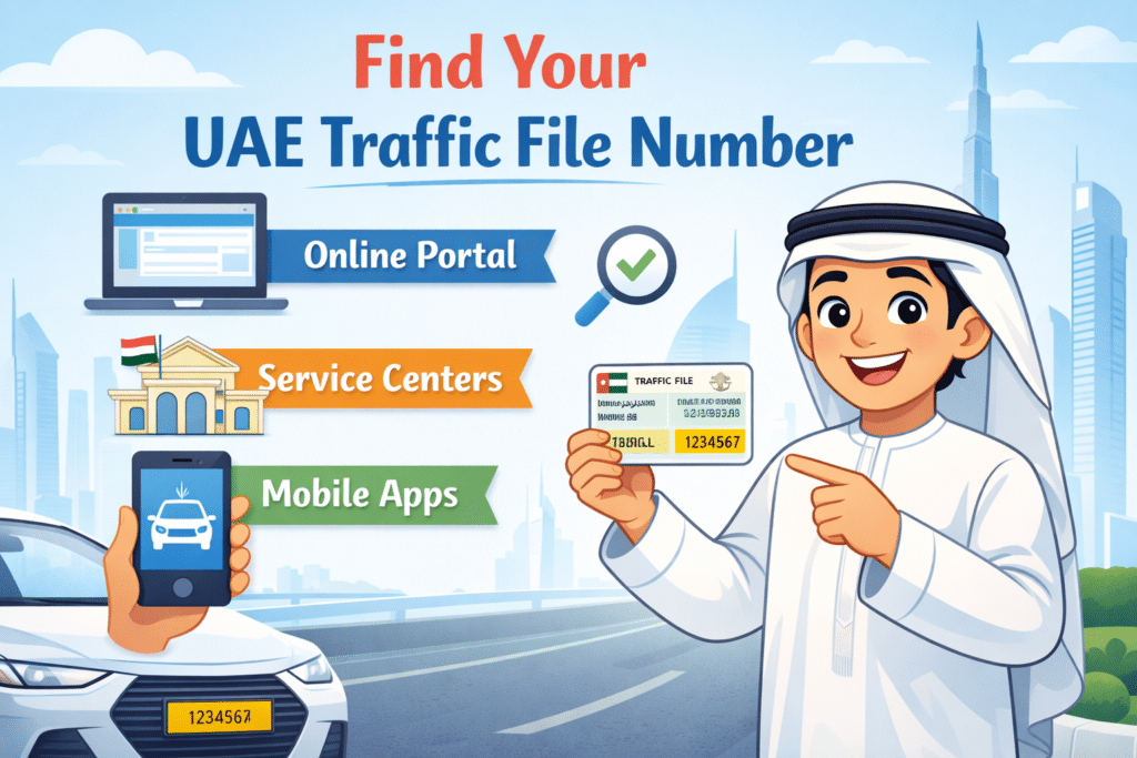 Animated illustration showing how to find your UAE traffic file number using online portal, service centers, and mobile apps, with an Emirati man holding a traffic file card.