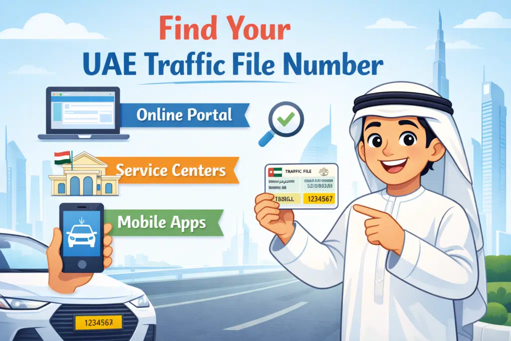 Animated illustration showing how to find your UAE traffic file number using online portal, service centers, and mobile apps, with an Emirati man holding a traffic file card.