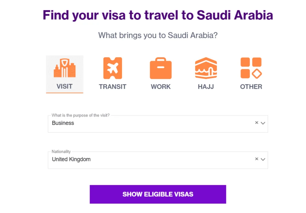 Saudi Arabia visa finder tool showing business visa selection and nationality options on the KSA Visa portal.
