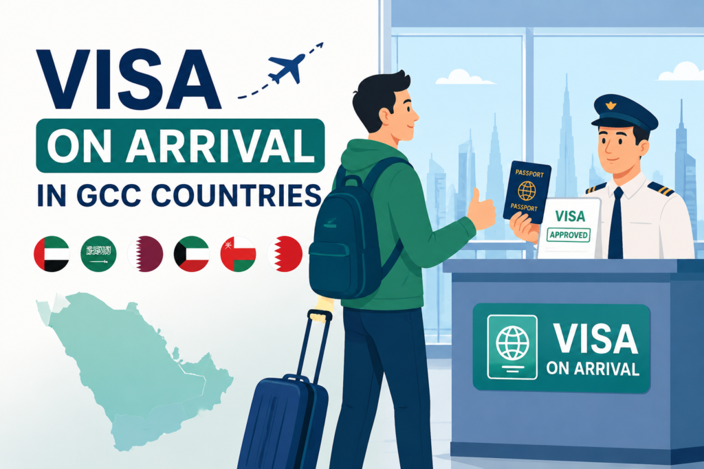 Visa on Arrival in GCC Countries illustration showing a traveler receiving a visa stamp from an immigration officer at an airport with GCC country flags, passport, and travel theme.
