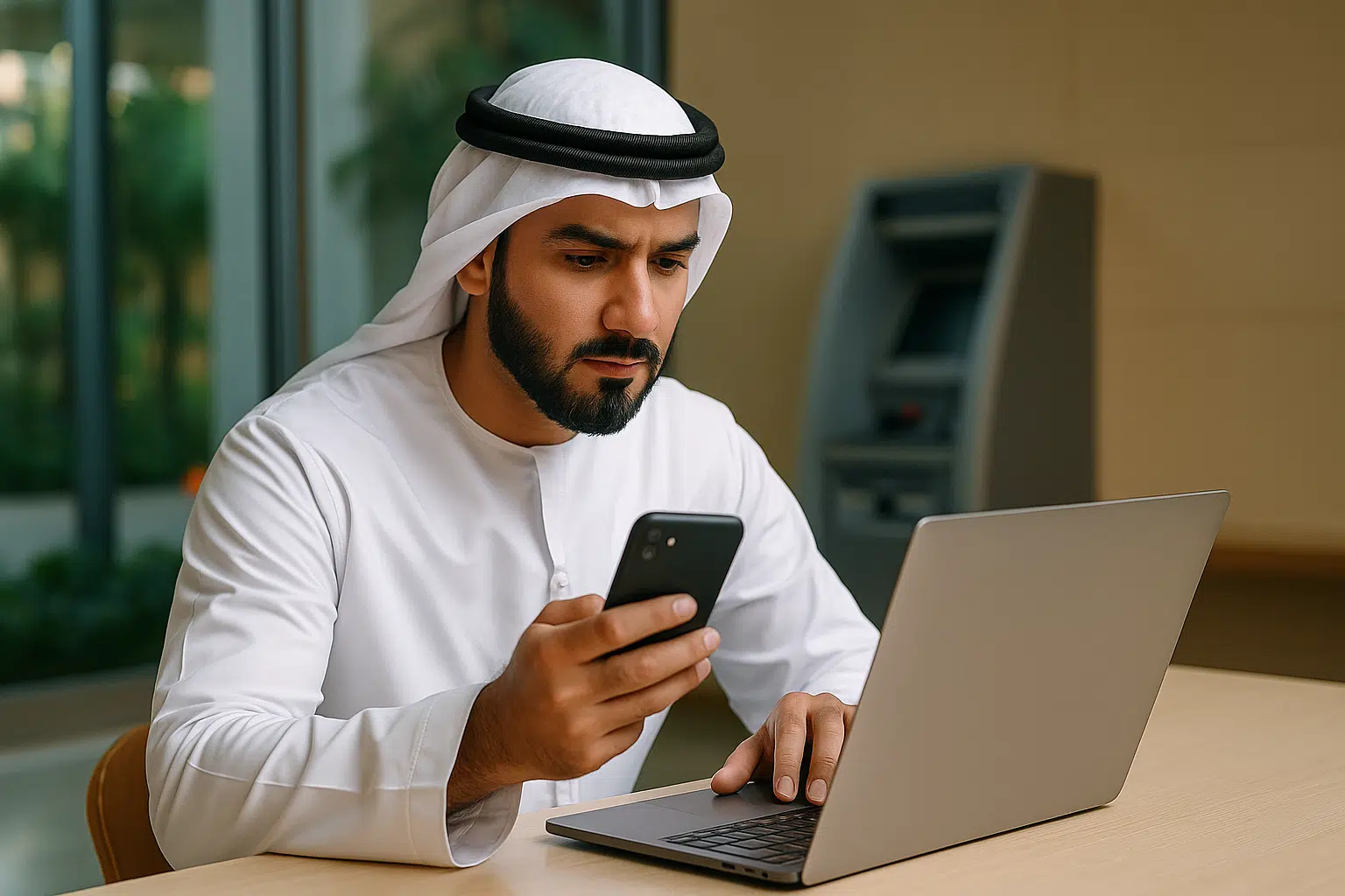 A man using his phone and laptop