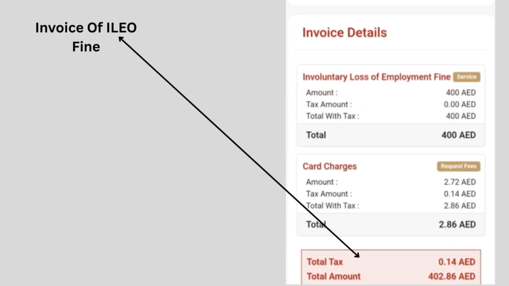 Invoice details page to pay ILOE insurance fine online in the UAE