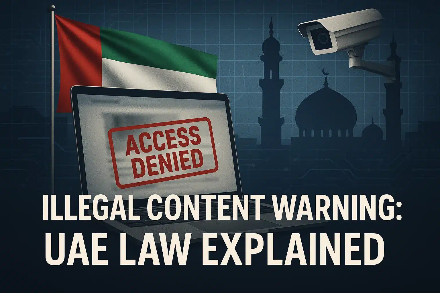 Illustration showing a laptop with an 'Access Denied' warning on screen, symbolizing internet censorship in the UAE. A UAE flag, mosque silhouette, and surveillance camera highlight strict laws against pornography and digital monitoring. Bold text reads: 'Illegal Content Warning: UAE Law Explained'