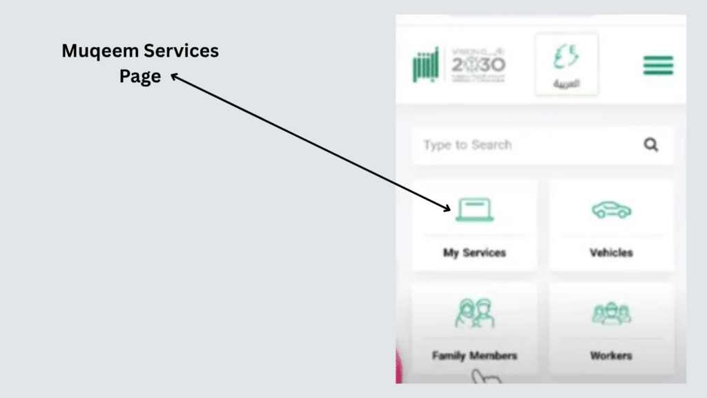 Muqeem Services dashboard for Saudi Family Visit Visa Status verification