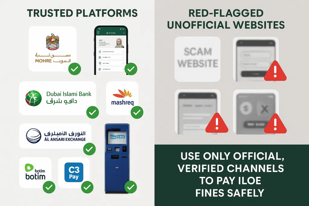 An infographics on Official vs Unofficial Platforms for ILOE Insurance Payment