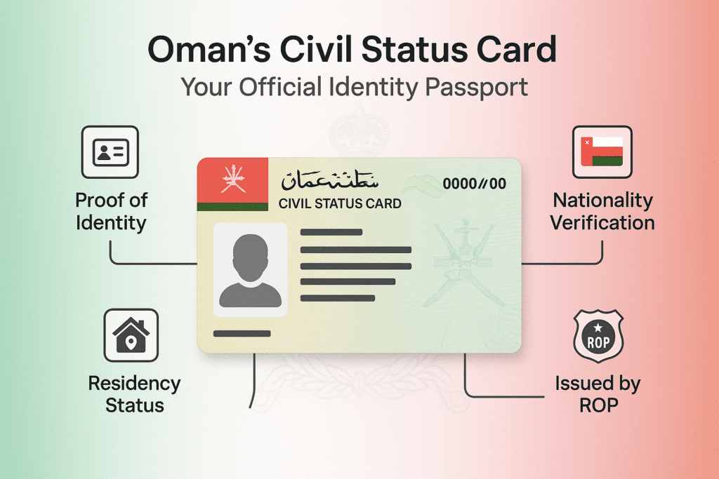 Ways to check your Oman ID illustration showing Oman civil status card details identity verification and residency status
