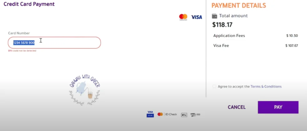Saudi Business Visa online payment page showing visa fee, application fee, and secure credit card payment.