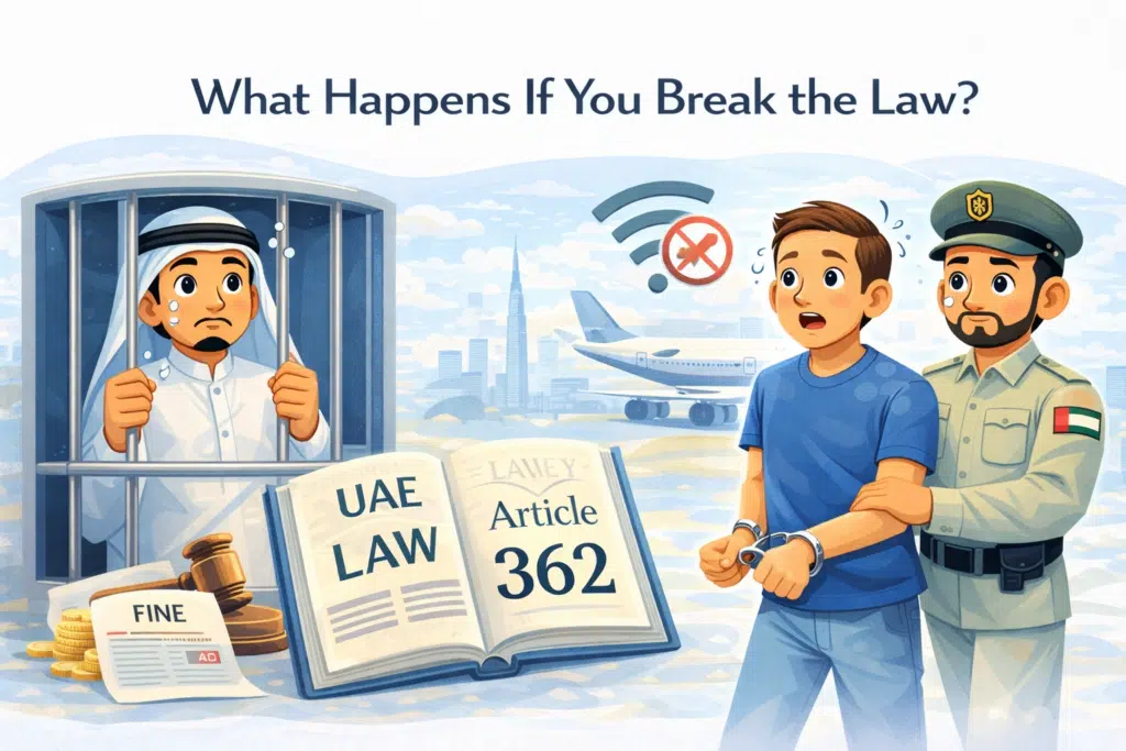 Is pornography illegal in UAE consequences illustration showing arrest, fines and Article 362 law enforcement