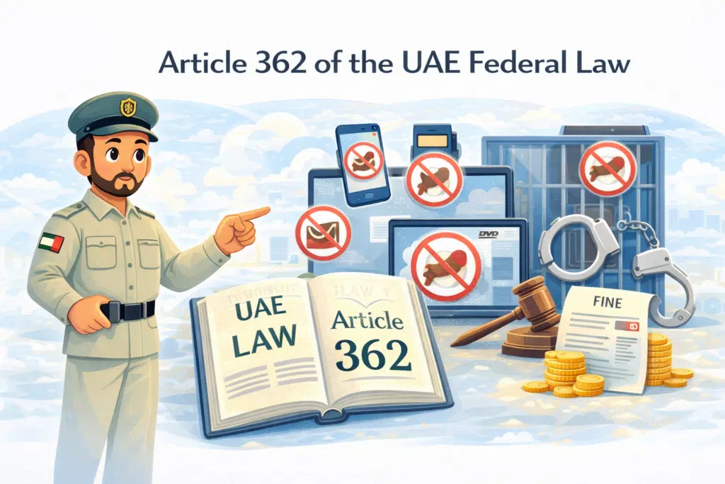 Is pornography illegal in UAE illustration showing Article 362 law with warning symbol and restricted content concept