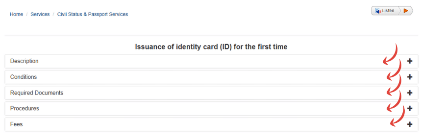 Oman ID card issuance page showing required documents conditions procedures and fees