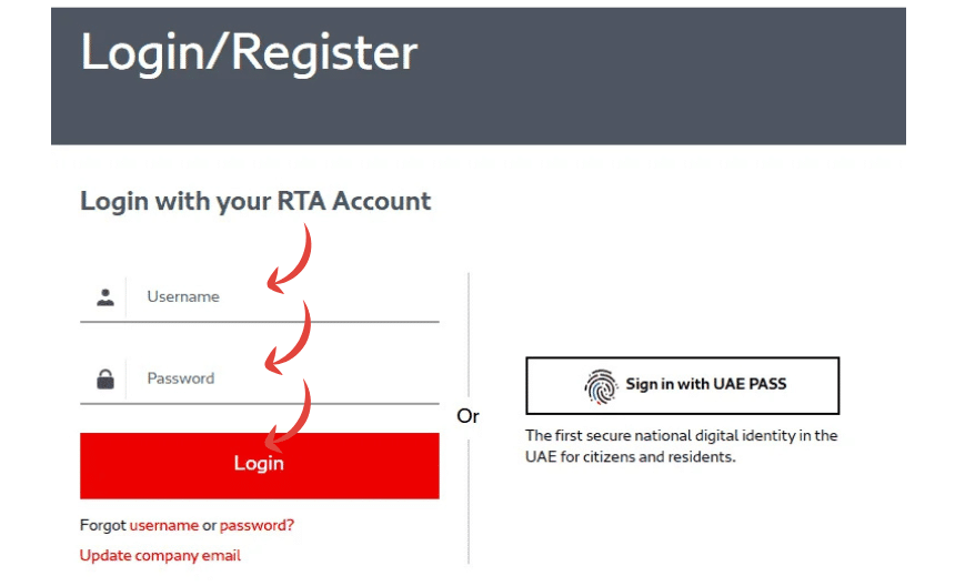 A Screenshot of RTA Website and login to RTA Website