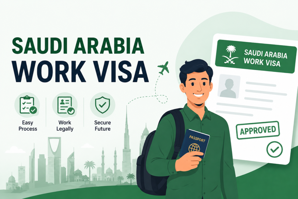 Saudi Arabia Work Visa feature illustration showing an applicant holding a passport with an approved Saudi work visa and employment application process