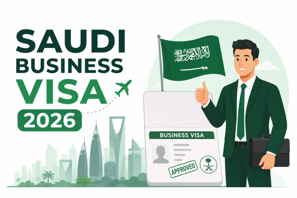 Saudi Business Visa 2026 feature image showing an approved Saudi business visa, animated businessman, Saudi flag, and Riyadh skyline.