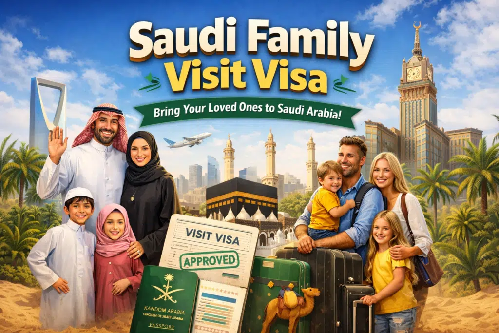 Saudi Family Visit Visa approved image showing happy families with Saudi landmarks, passport and visa document