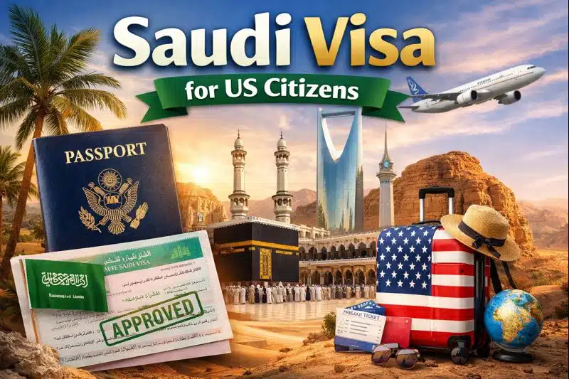 Saudi Visa for US Citizens featured image showing US passport, approved Saudi visa, Kaaba in Makkah, Saudi landmarks, airplane, and American travel suitcase