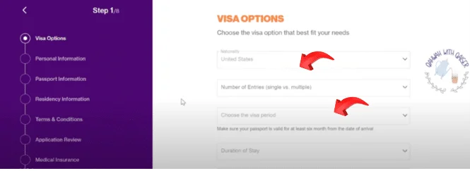 Saudi Business Visa application form showing visa options, number of entries, visa validity, and duration of stay.