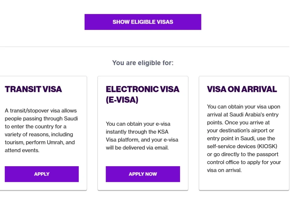 Saudi Arabia visa options page displaying Business Visa, e-Visa, Transit Visa, and Visa on Arrival eligibility.