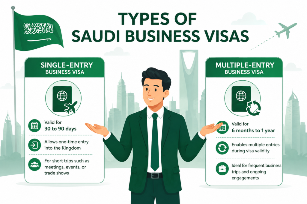 Types of Saudi Business Visas infographic comparing single-entry and multiple-entry Saudi business visas with validity, entry options, and business travel benefits.