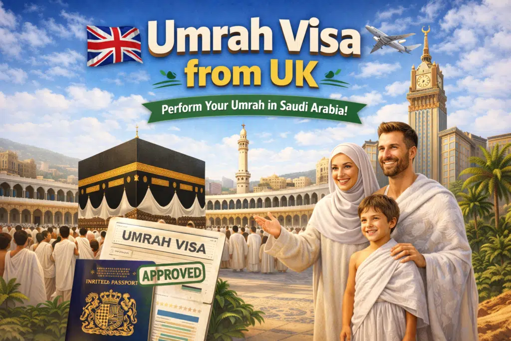 Umrah Visa from UK image showing pilgrims, approved visa, Saudi passport and Masjid al-Haram in Makkah