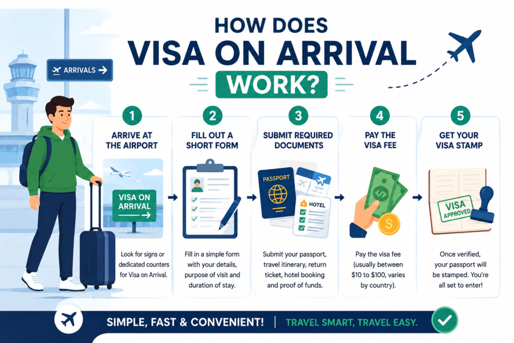 How Does Visa on Arrival Work infographic showing the five-step Visa on Arrival process, including airport arrival, form submission, document verification, visa fee payment, and passport visa stamp approval.