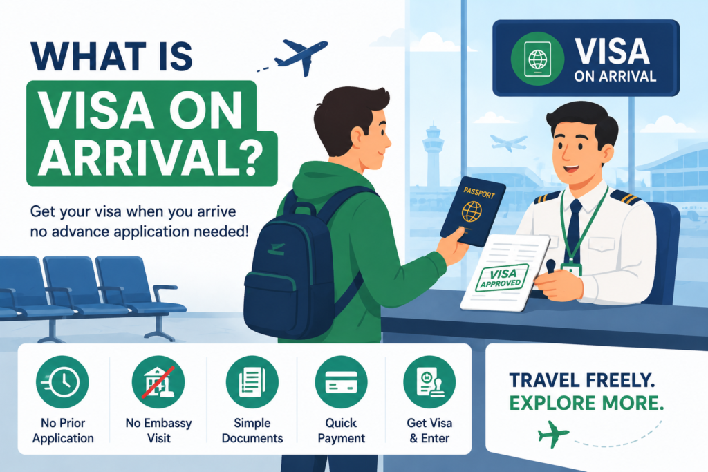 What is a Visa on Arrival illustration showing a traveler receiving a Visa on Arrival from an immigration officer at an airport without applying in advance.