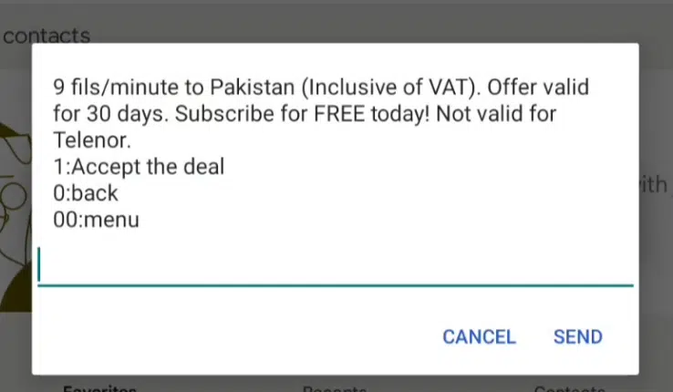 Etisalat confirmation screen showing 9 fils per minute call offer to Pakistan activation