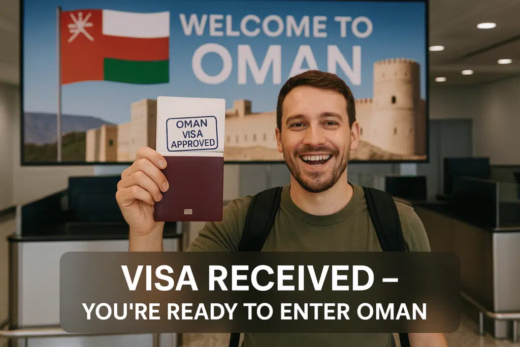 Stamped Oman visa in passport allowing GCC residents to enter and stay up to 30 days.