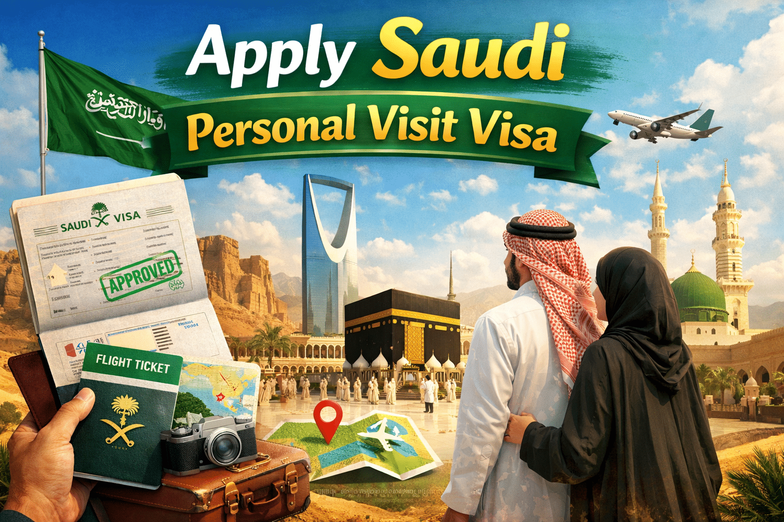 Apply Saudi Personal Visit Visa – official visa document, Saudi landmarks, Kaaba, Riyadh skyline, and travel elements showing a complete guide to applying for a Saudi personal visit visa.