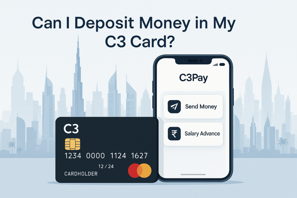 C3 card with smartphone showing C3Pay app options for money transfer and salary advance, with Dubai skyline in the background. Title text reads: Can I Deposit Money in My C3 Card?