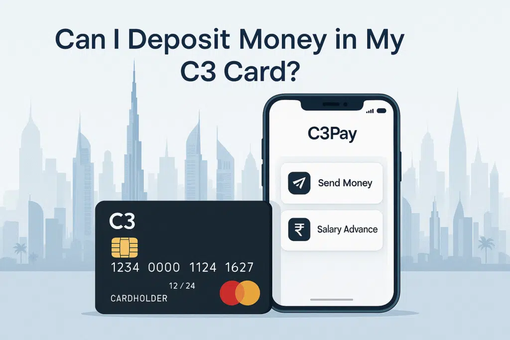C3 card with smartphone showing C3Pay app options for money transfer and salary advance, with Dubai skyline in the background. Title text reads: Can I Deposit Money in My C3 Card?