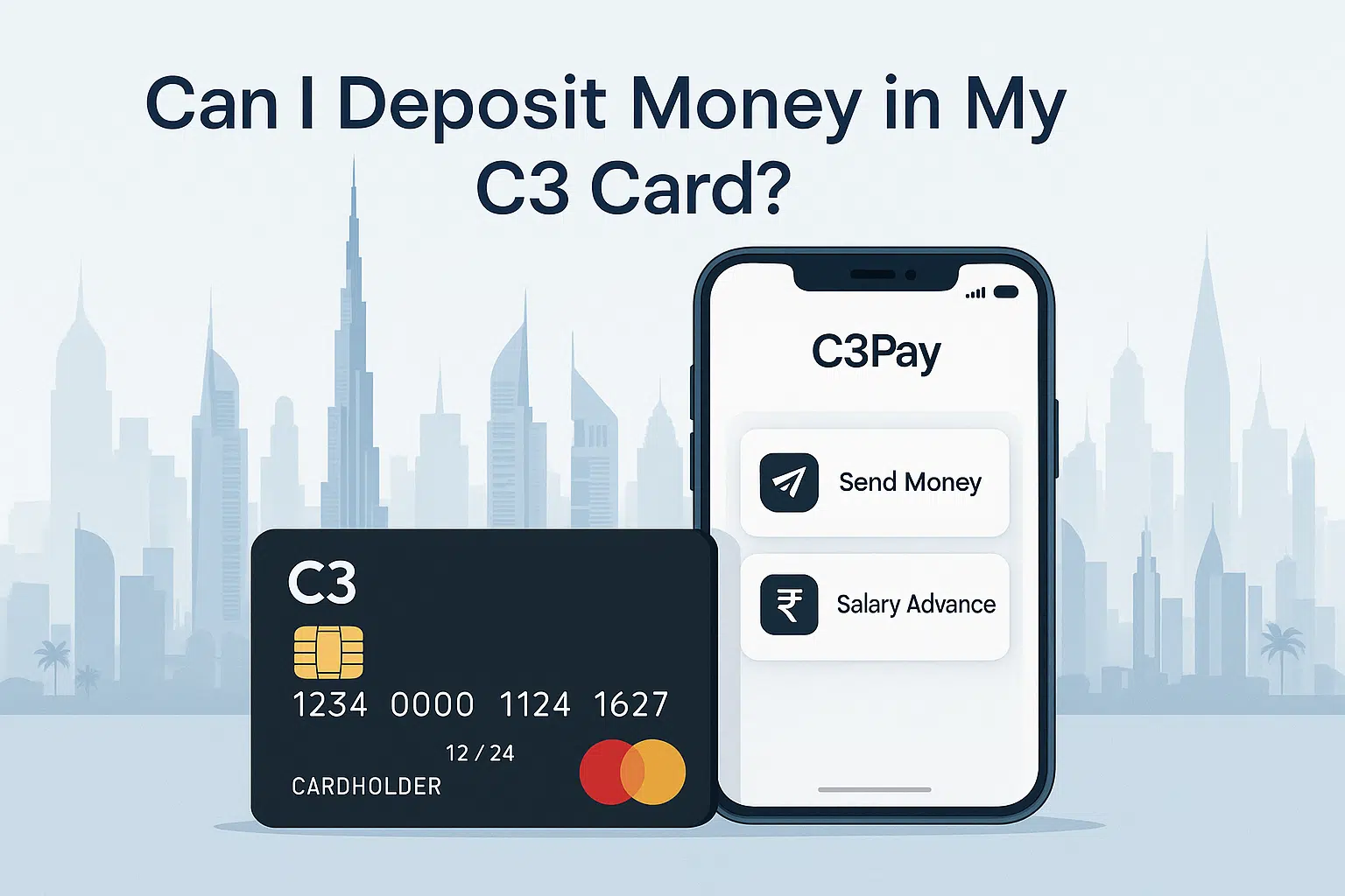 C3 card with smartphone showing C3Pay app options for money transfer and salary advance, with Dubai skyline in the background. Title text reads: Can I Deposit Money in My C3 Card?