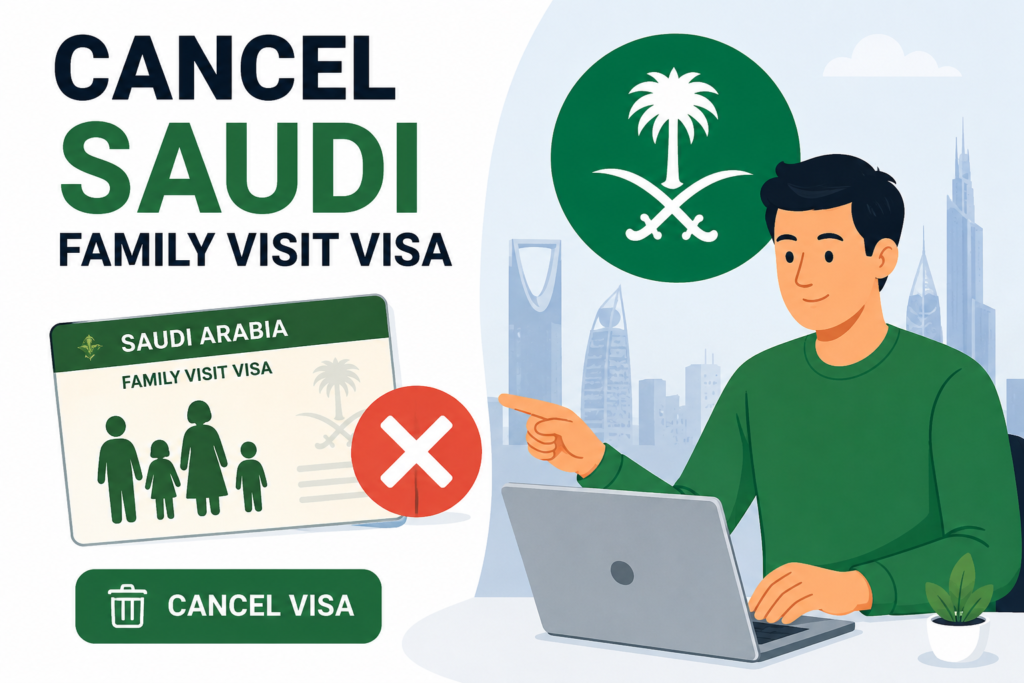 Animated illustration showing how to cancel a Saudi family visit visa online with a visa card, cancellation icon, and Saudi Arabia background.