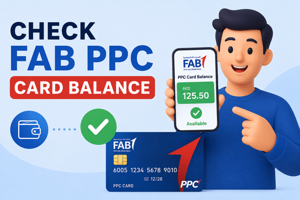 Check FAB PPC Card Balance feature image showing an animated person holding a mobile phone with the available FAB PPC card balance and a prepaid card illustration.