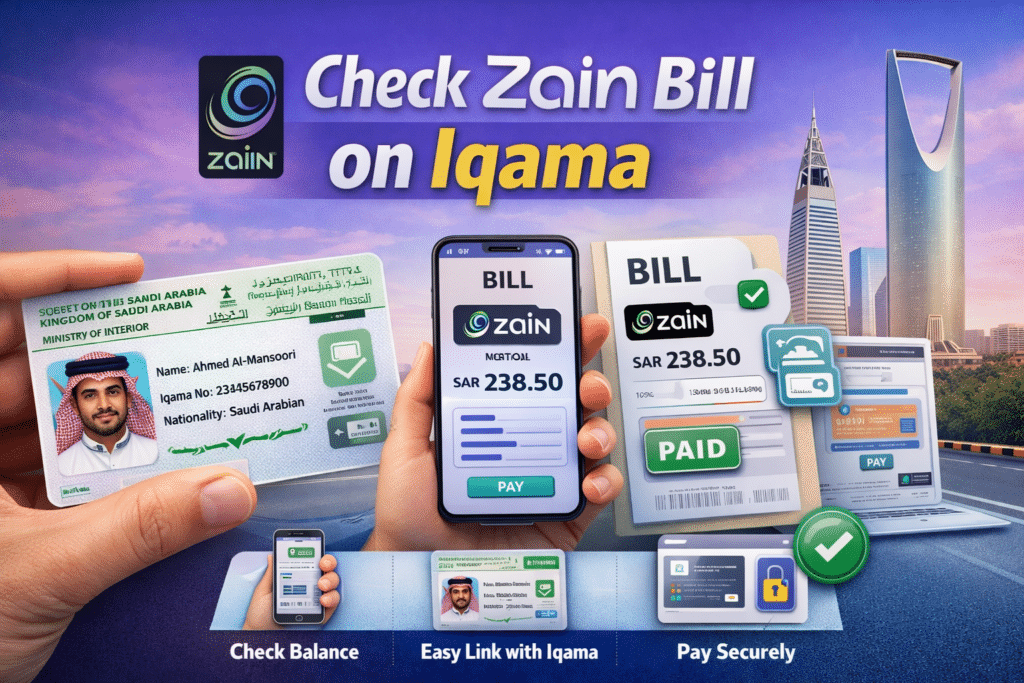 Check Zain bill on Iqama online showing Saudi Iqama card, Zain app bill amount, and secure mobile payment in Saudi Arabia