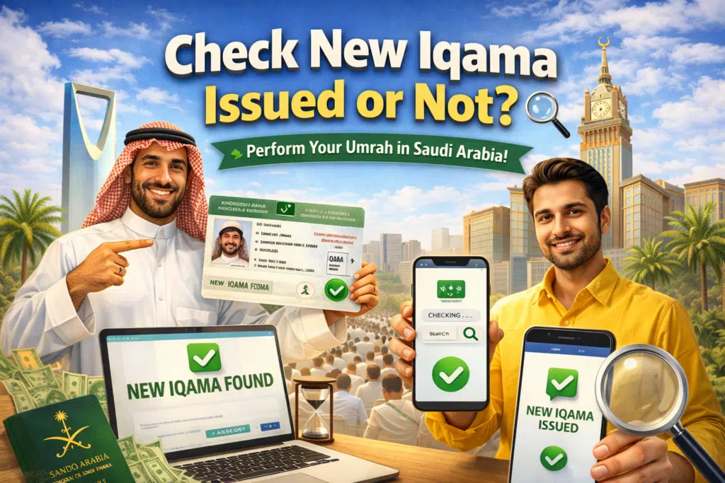 Check new Iqama issued or not image showing Iqama card, mobile verification and Saudi landmarks
