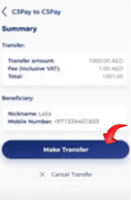 C3 App confirm transfer screen – review details before sending money securely.