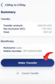 C3 App confirm transfer screen – review details before sending money securely.