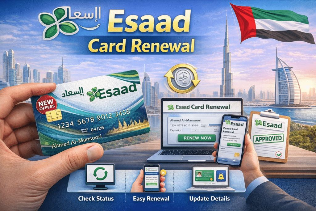 Esaad card renewal process in Dubai showing Esaad discount card, online renewal steps, and approved status in UAE