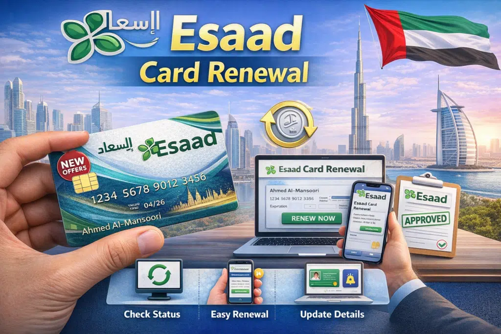Esaad card renewal process in Dubai showing Esaad discount card, online renewal steps, and approved status in UAE