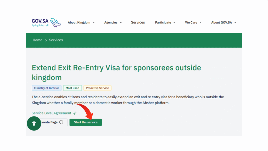 Screenshot of start service of Saudi Gov Website