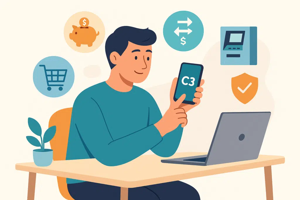 Expats managing finances with C3 card app, showing money transfer, savings, online shopping, and budget planning tips.