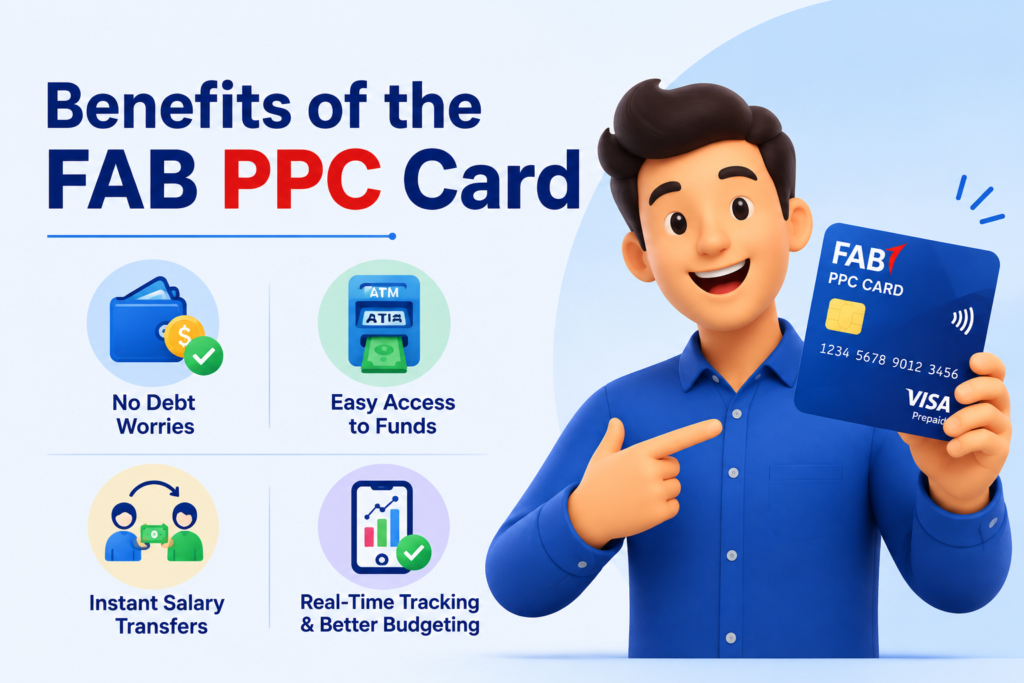 Benefits of the FAB PPC Card feature image showing an animated person holding a FAB PPC prepaid card with icons for secure spending, instant salary transfers, easy fund access, and real-time expense tracking.